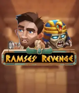 Explore the mysterious world of the Ramses' Revenge game by Relax Gaming, highlighting a surprised explorer and a menacing mummy set against an Egyptian tomb backdrop. This graphic portrays the adventure of ancient Egyptian myths, perfect for those interested in historical adventures, providing a captivating escape. 